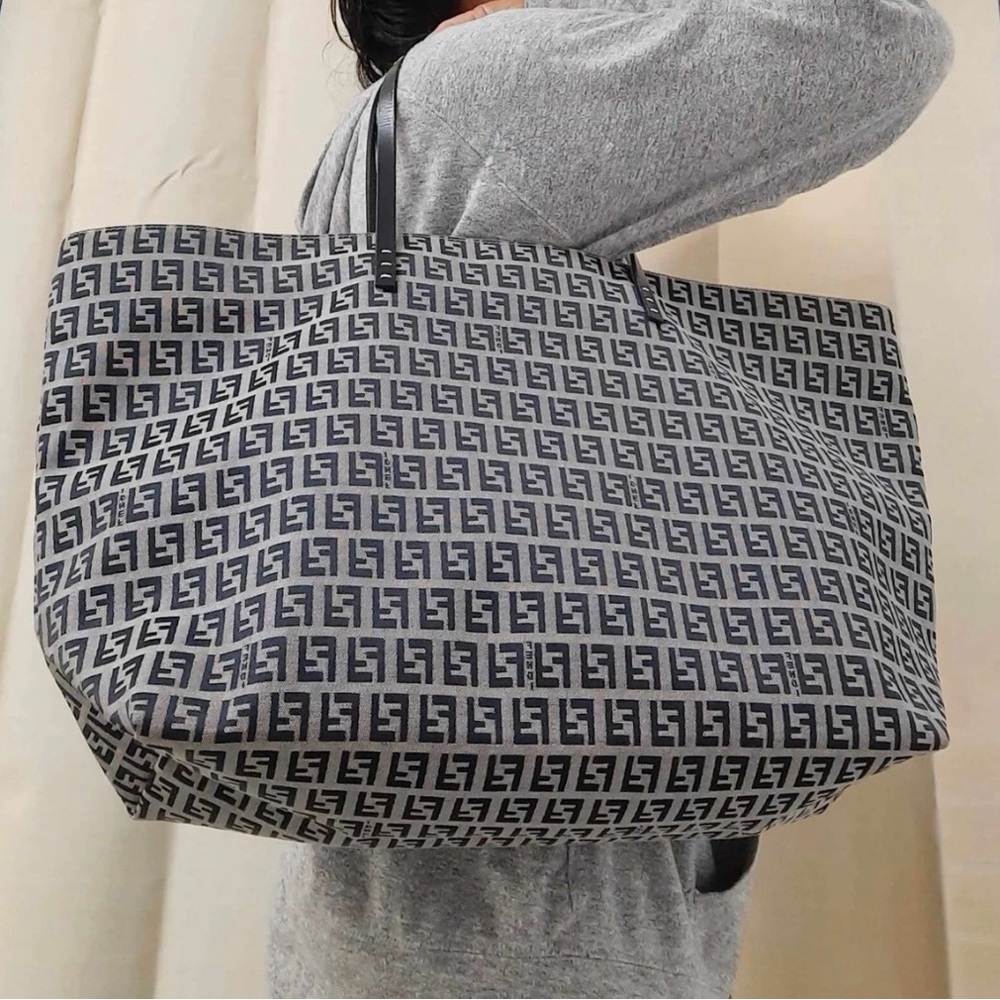 Fendi Navy Blue Monogram FF Zucca Roll Shopper Tote Bag
